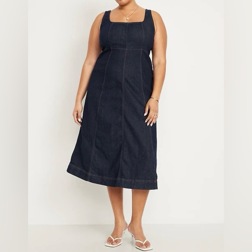Old Navy Babydoll Dark Blue Denim Midi Jumper Dress Back Zipper Size XXL NWT